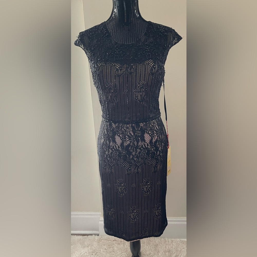 May Queen Elegant Black Lace Beaded Overlay Dress Size 10